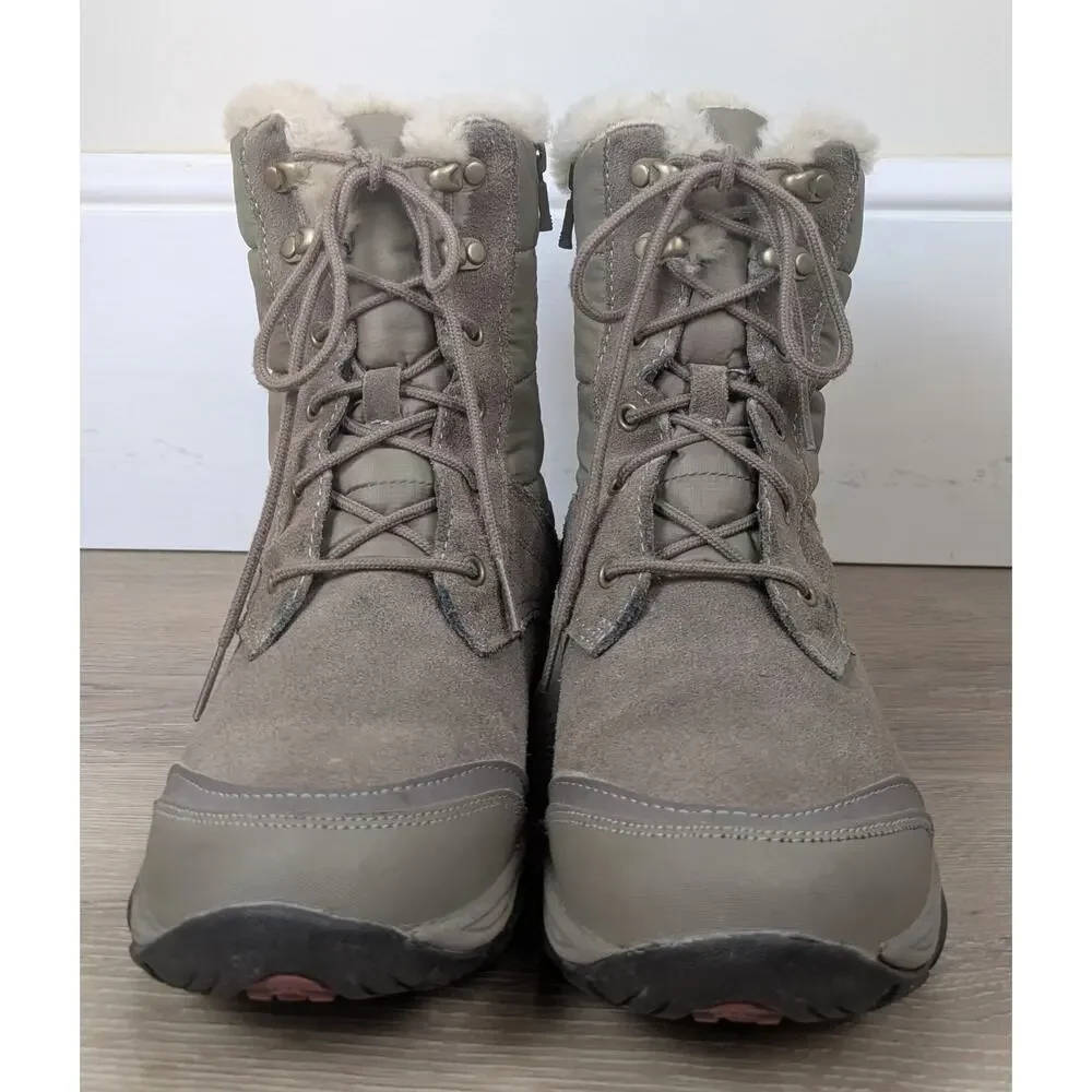 Easy Spirit Eserle Winter Boots 8.5 Taupe Suede Faux Fur Trim Side Zip Lace Up